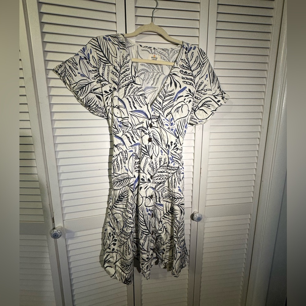 Marine Layer Leaf Print Blue and White Dress Large